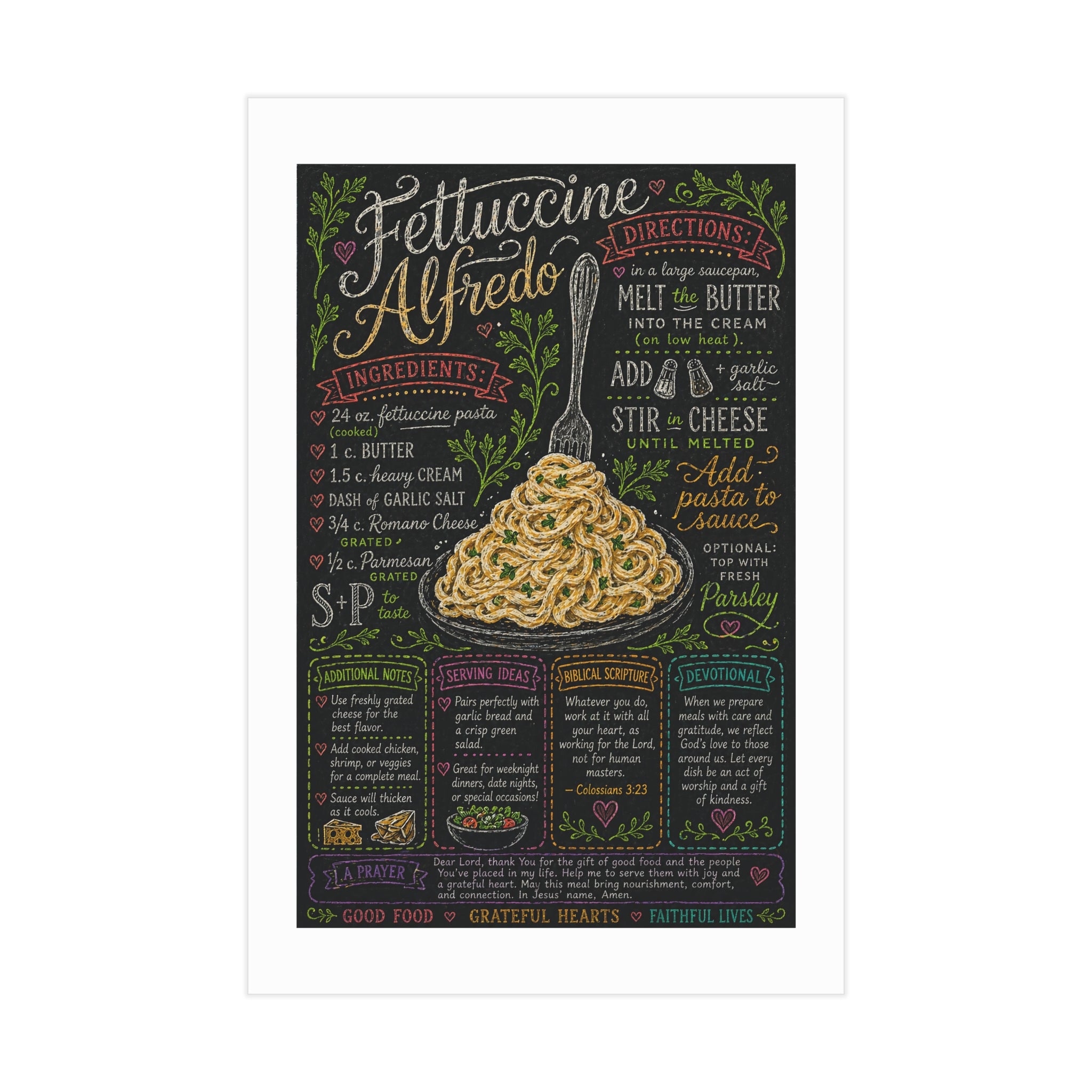 Fettuccine Alfredo Recipe Print Unframed | Pasta Kitchen Chalkboard Art