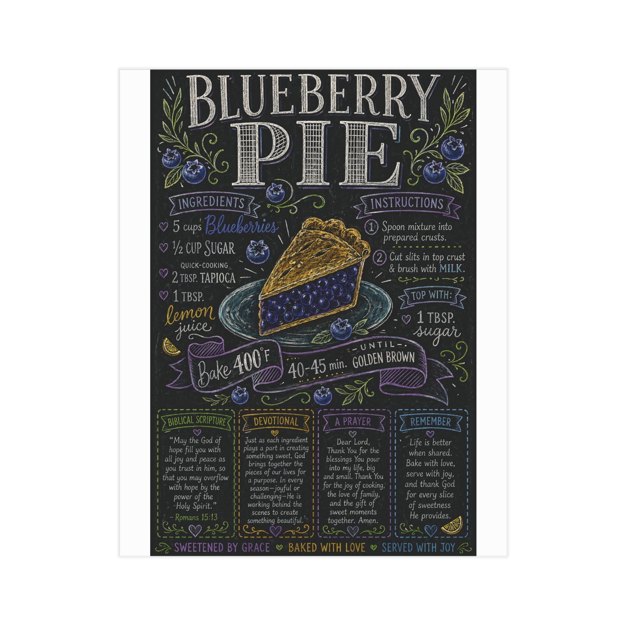 Blueberry Pie Recipe Print Unframed | Kitchen Art, Chalkboard Style