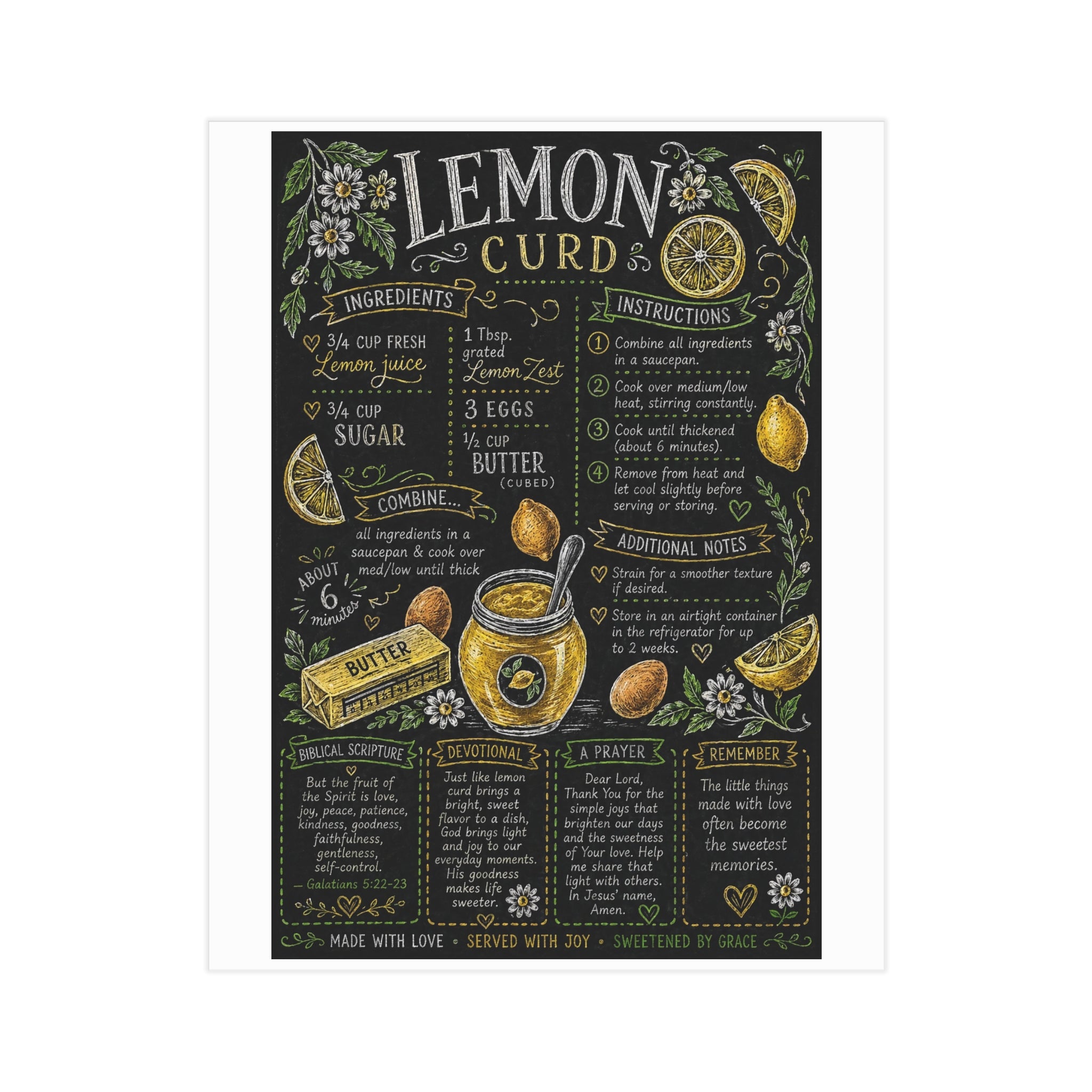 Lemon Curd Recipe Art Print Unframed | Kitchen Chalkboard Recipe Poster