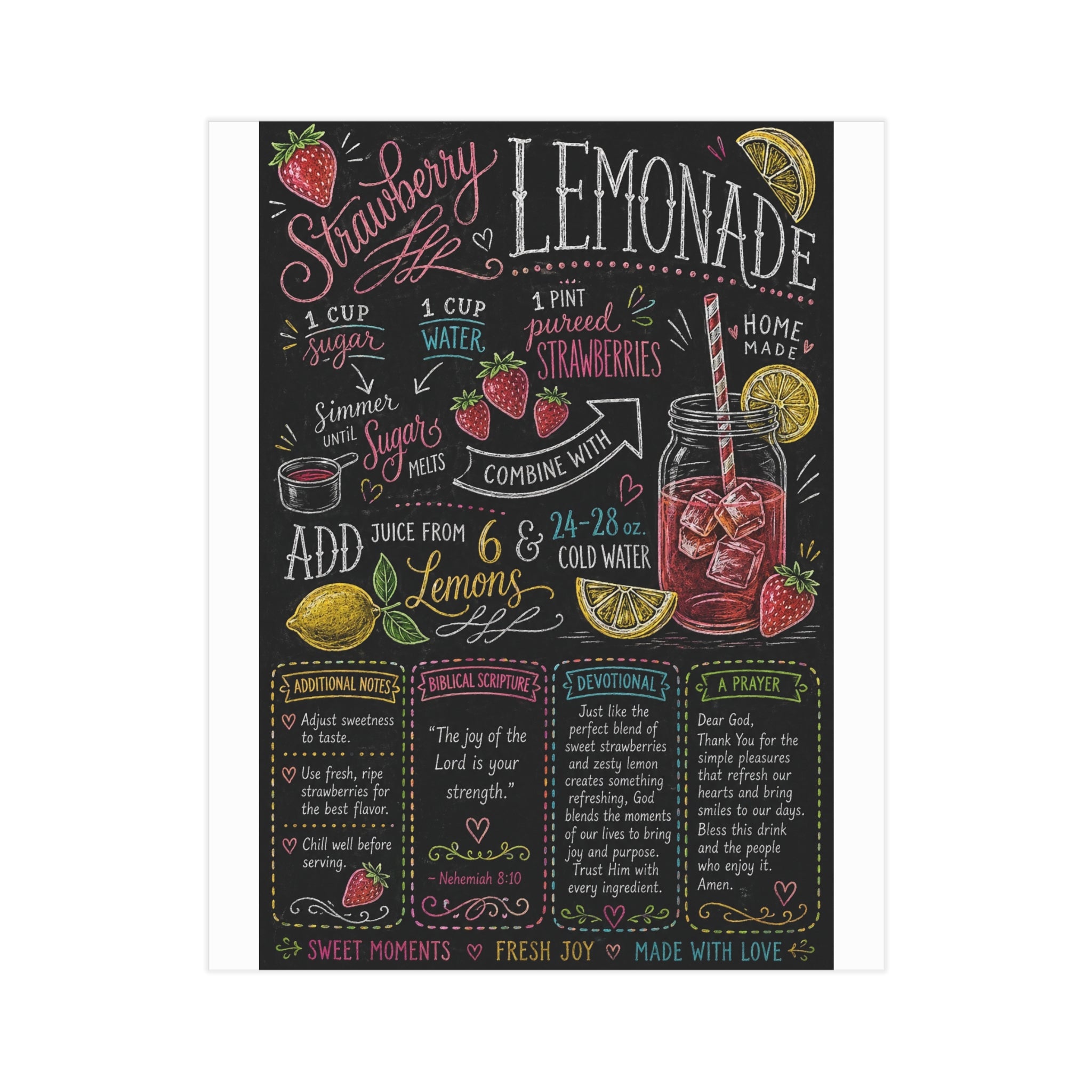 Strawberry Lemonade Recipe Print Unframed Print | Kitchen Chalkboard Art