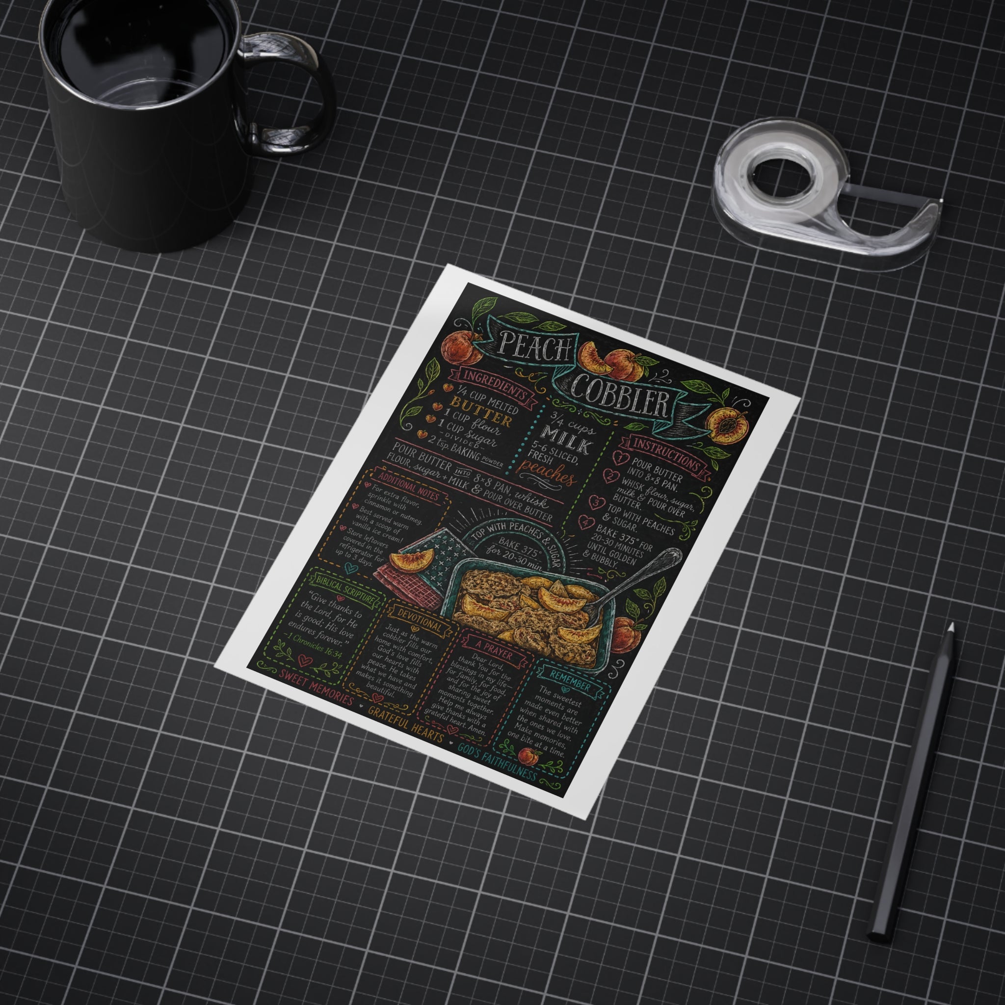 Peach Cobbler Recipe Print Unframed | Kitchen Chalkboard Art, Baking Poster
