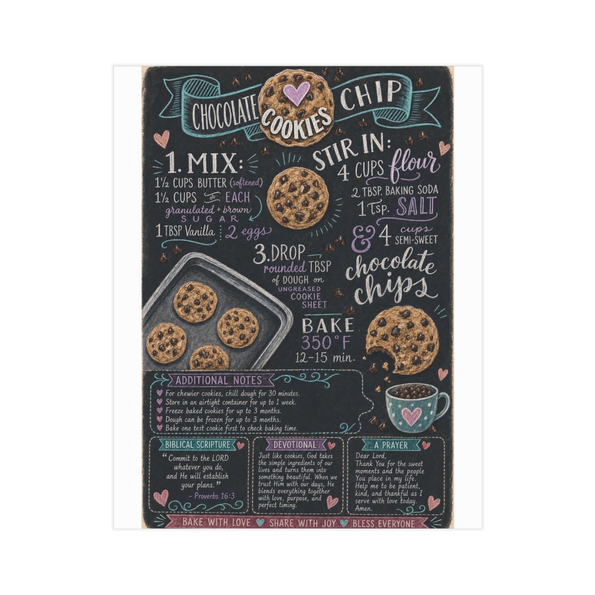 Chocolate Chip Cookies Recipe Print — Chalkboard Kitchen Art (Unframed)
