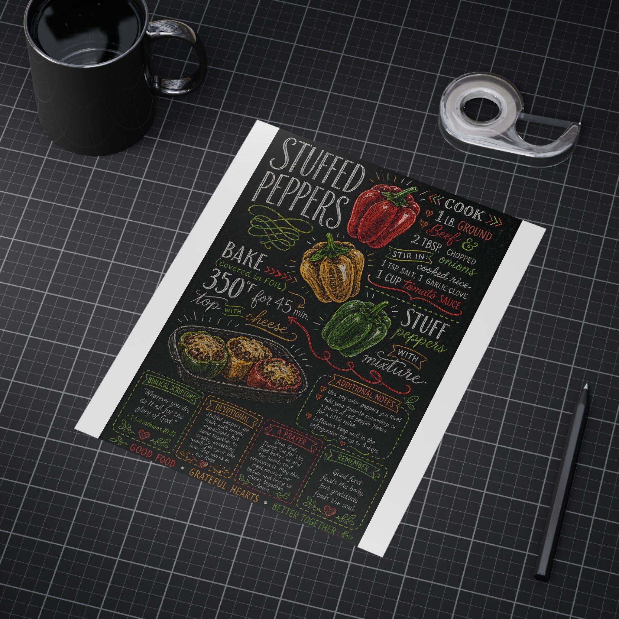 Stuffed Peppers Recipe Print Unframed | Kitchen Art, Chalkboard Recipe Poster