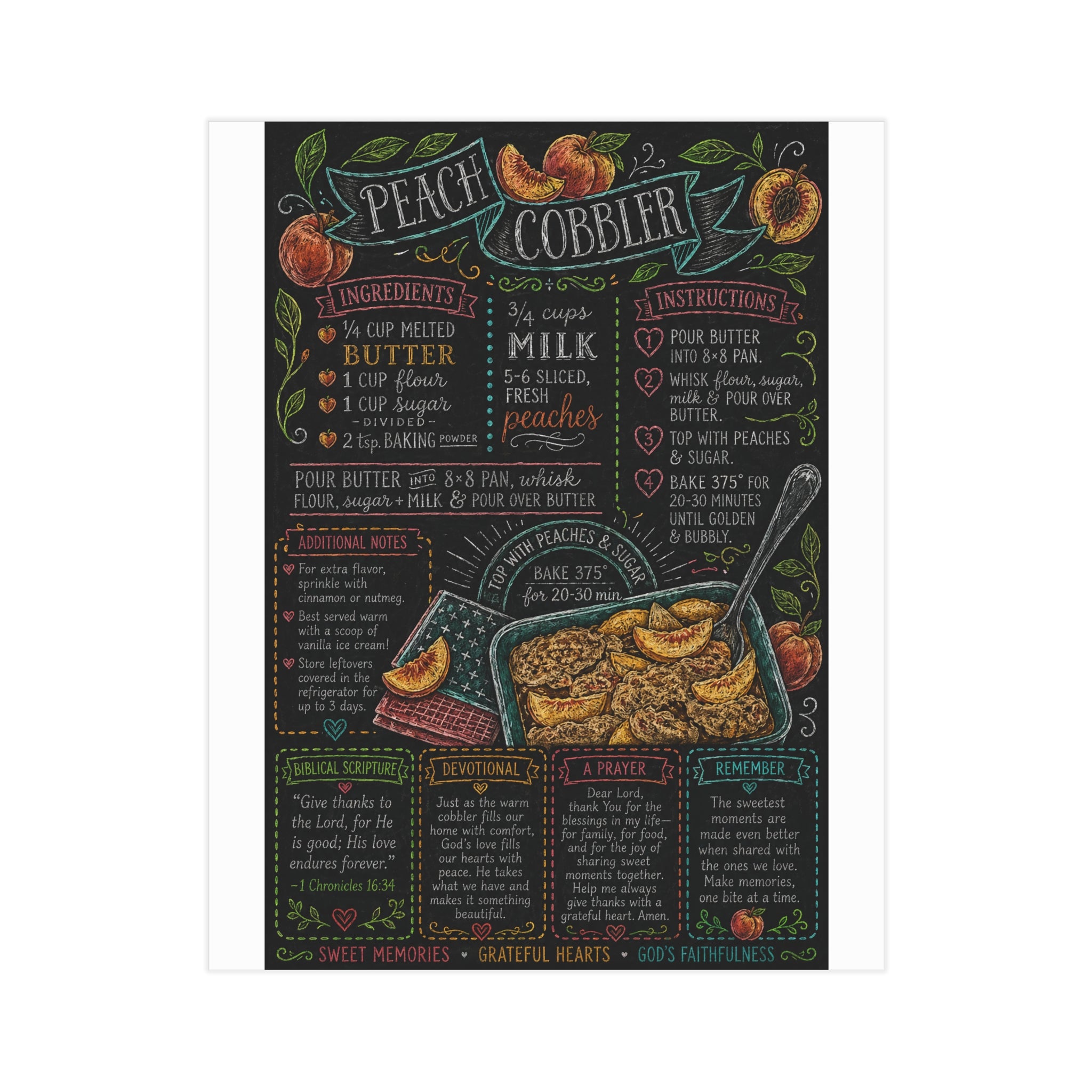 Peach Cobbler Recipe Print Unframed | Kitchen Chalkboard Art, Baking Poster
