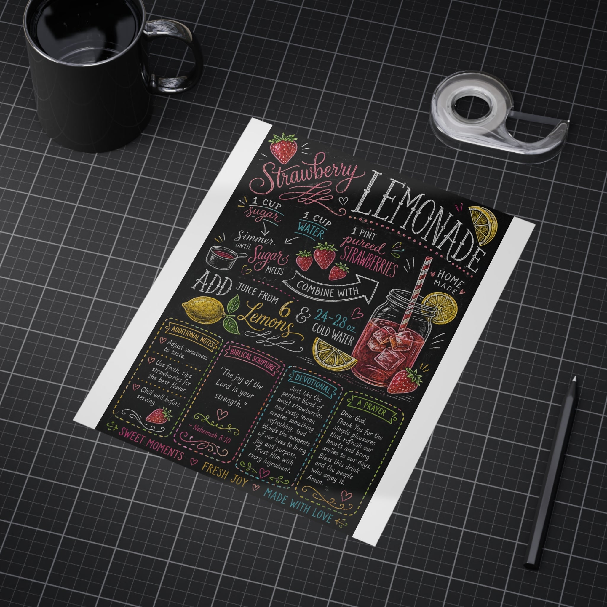 Strawberry Lemonade Recipe Print Unframed Print | Kitchen Chalkboard Art