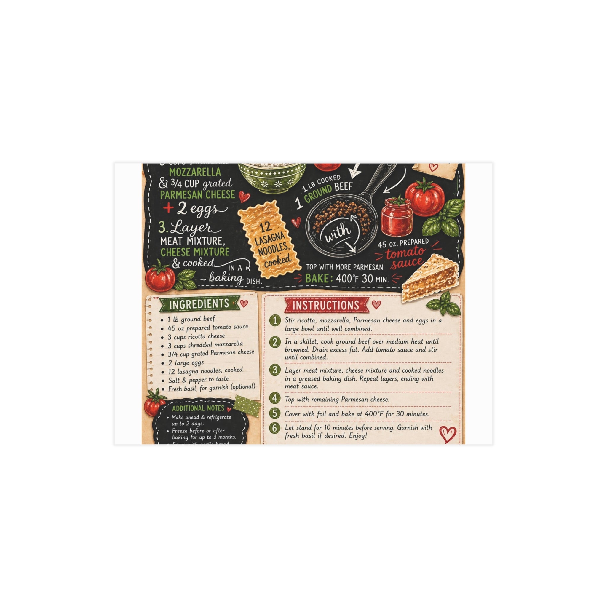 Lasagna Recipe Print — Classic Lasagna Kitchen Art Print