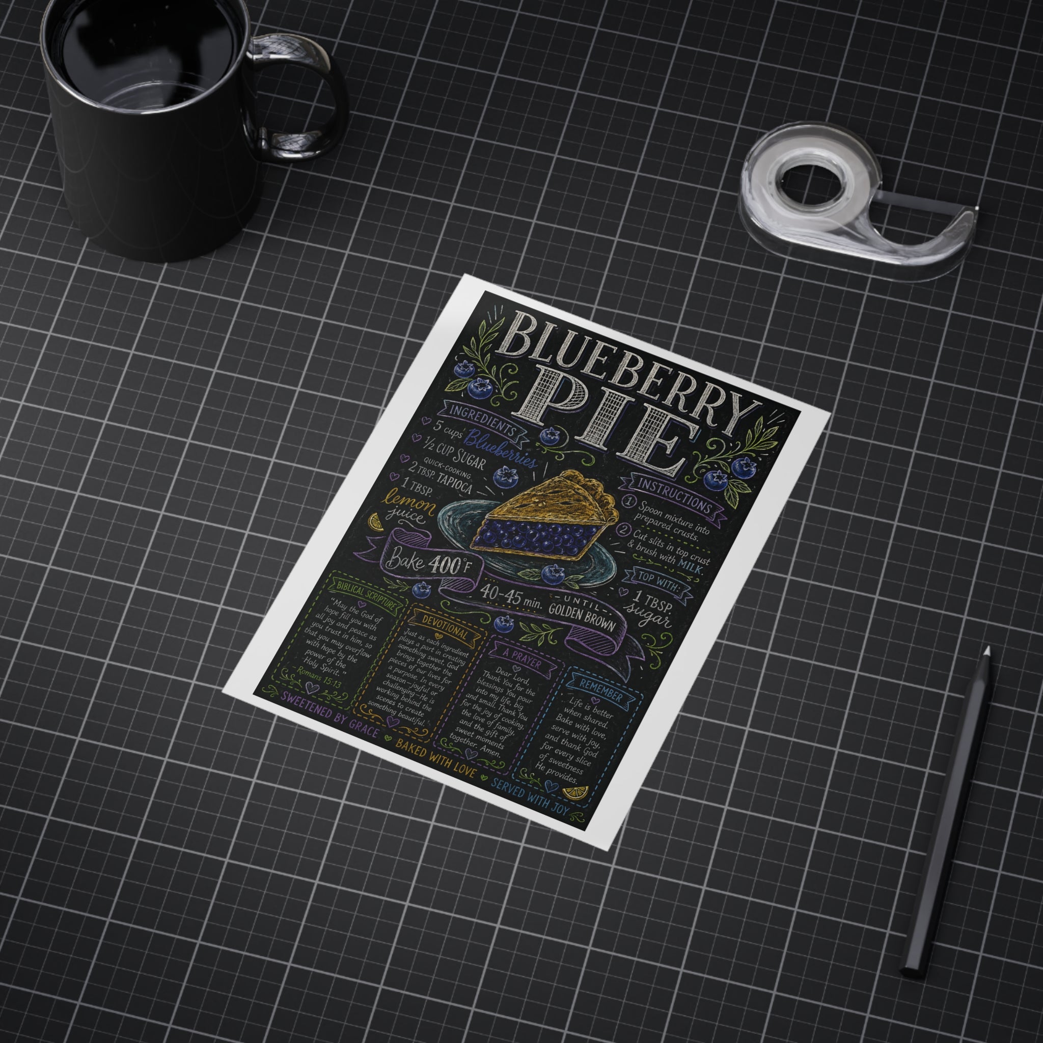 Blueberry Pie Recipe Print Unframed | Kitchen Art, Chalkboard Style