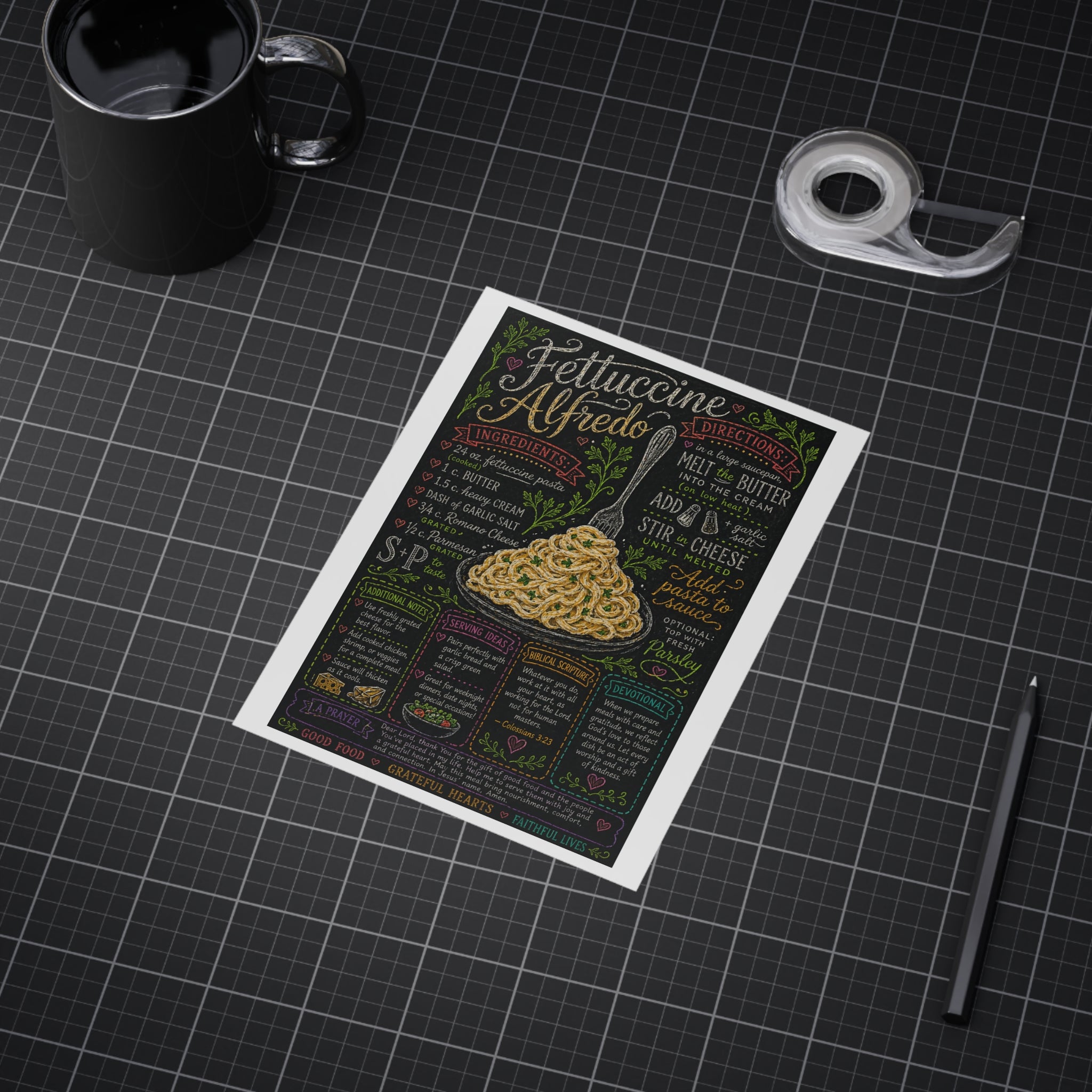 Fettuccine Alfredo Recipe Print Unframed | Pasta Kitchen Chalkboard Art