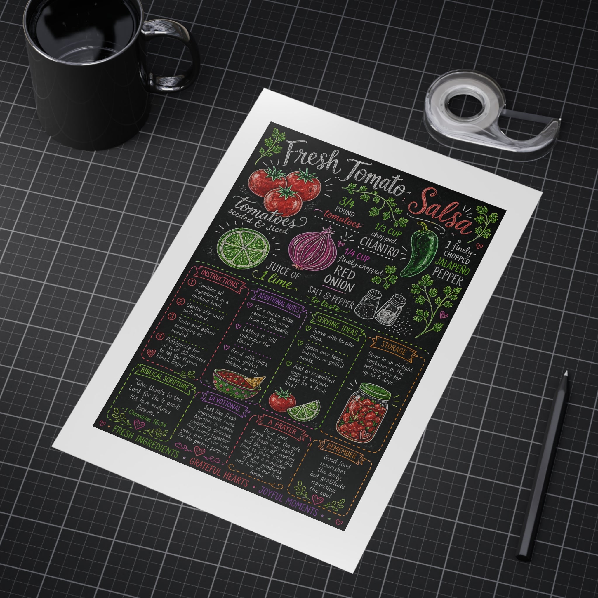 Fresh Tomato Salsa Recipe Print Unframed | Kitchen Chalkboard Art
