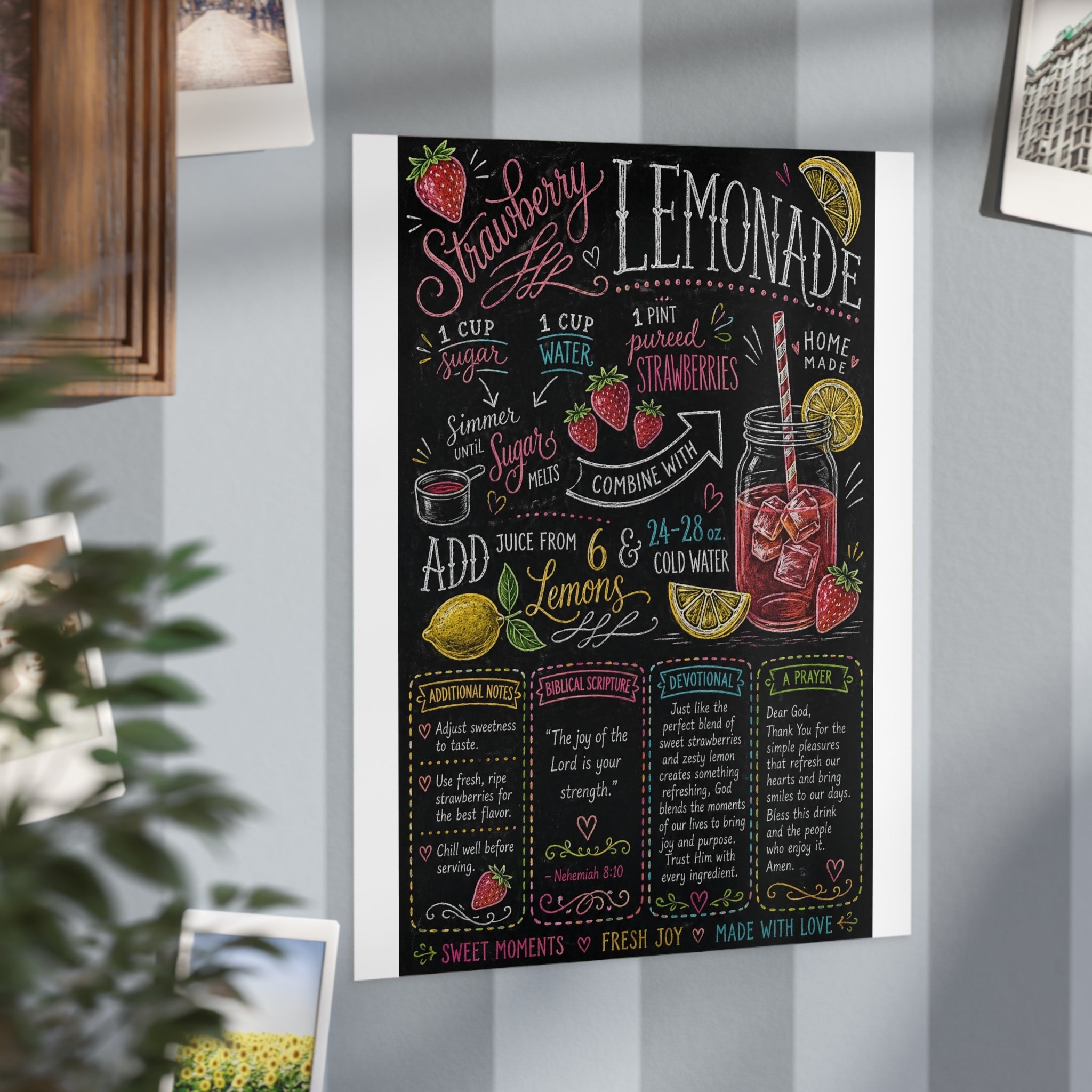 Strawberry Lemonade Recipe Print Unframed Print | Kitchen Chalkboard Art